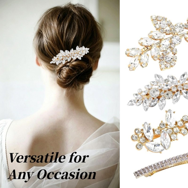4 Pcs Rhinestone Gold Pearl Leaf Wedding Hair Clips Suitable