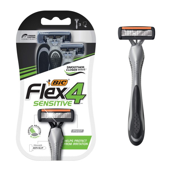 BIC Flex 4 Sensitive Men's Disposable Razor, 4-Blade Disposable Razors For Men, 3-Count, For an Ultra-Smooth Shave, Textured Grip for Control, Black