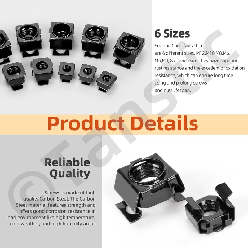 Tanstic 48Pcs Cage Nuts Snap-in Cage Nuts Rack Mount Cage