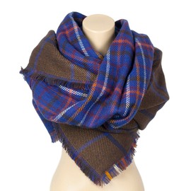 MyBeautyworld24 Women's Knitted Winter Scarf Shawl Scarf Shawl Double Scarf Autumn Scarf Autumn Winter Shawl Women Stole Winter Oversized Reversible with Check Pattern in Blue/Brown