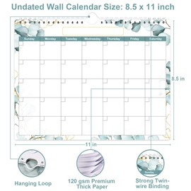 Undated Wall Calendar for 2024 2025 or Any Year - Calendar Planner for Home, Office, Classroom, School, 12 Months Calendar with Thick Paper, 8.5" x 12", Green Leaf