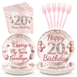 Grencian 96 Pcs 20th Birthday Party Supplies for Girls Rose Gold 20 Years Old Paper Plates and Napkins Tableware Set 20th Birthday Decorations for Girls Twenty Years Old Party Serves 24