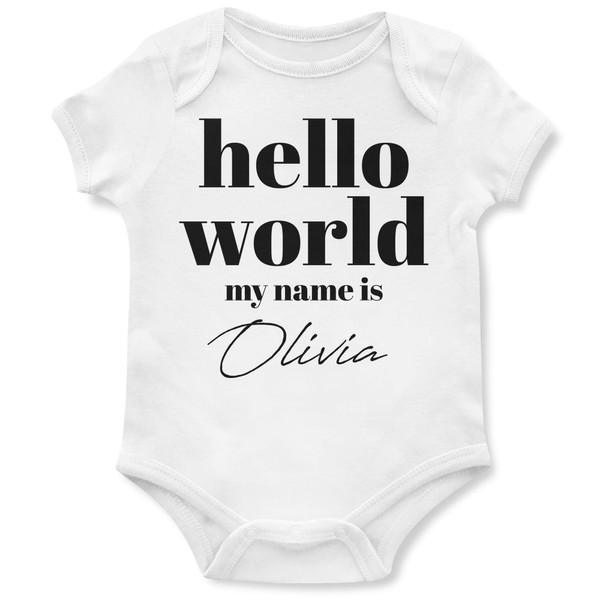 Personlised Hello World My Name is Annoucement Babygrow Babies Arrival