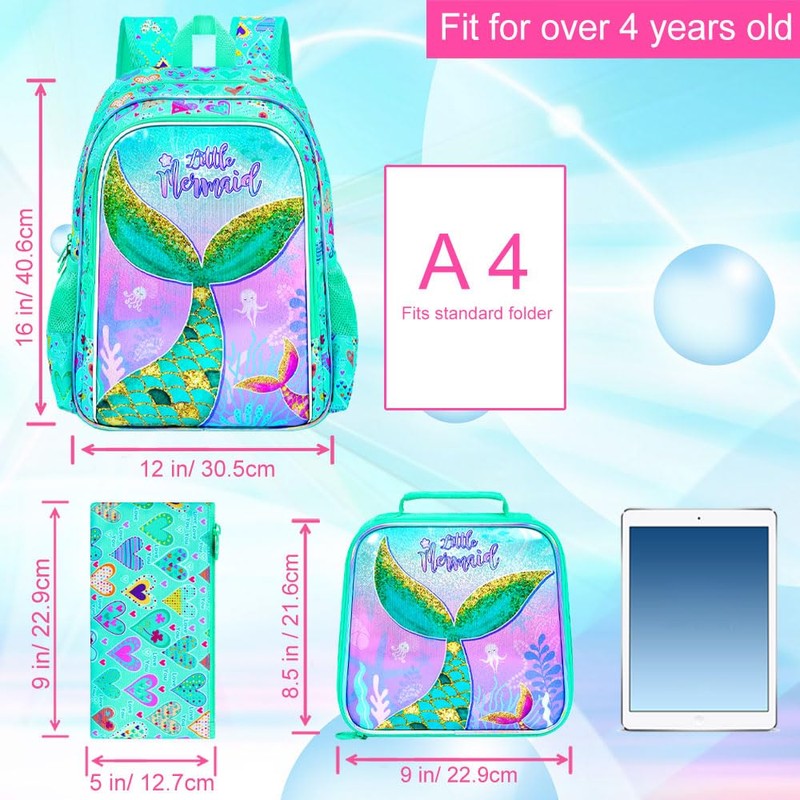 KLFVB 3PCS Girls Mermaid Backpack, Water Resistant Kids Unicorn Bookbag