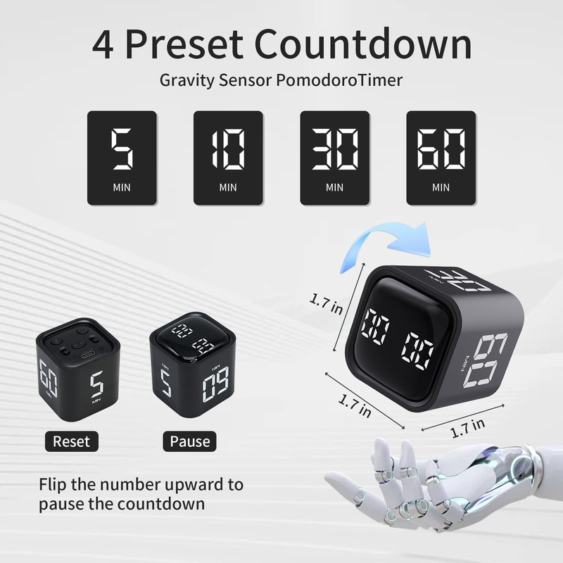 Productivity Timer Flip Gravity Sensor Cube Timer Countdown & Countup,Mute