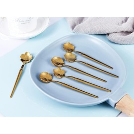 Juego de 6 cucharas de flores para café, vajilla de acero inoxidable Cuchara de azúcar creativa Cuchara de café Cuchara de helado Cuchara para mezclar Cuchara para revolver Cuchara para té helado, 6 patrones diferentes (Dorado)