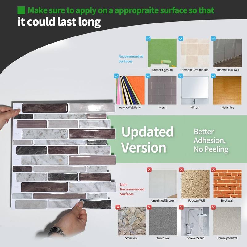 LONGKING Self-Adhesive Kitchen Backsplash, Marble Look Decorative Tiles (10 Tiles)