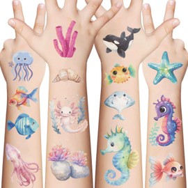 90pcs Ocean Animals Temporary Tattoos for Kids Under the Sea Creature Individual Tattoos for Ocean Theme Birthday Party Decoration Favors Baby Shower Supplies Goodie Bag Stuffers 10sheets (blue)