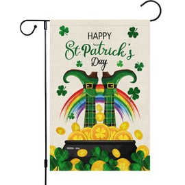 Louise Maelys Spring St. Patrick's Day Garden Flag 12x18 Double Sided, Burlap Small Lucky Leprechauns Shamrock Welcome Yard Flag Banner Gold Coin Pot Rainbow Clover Home Outdoor Decor (ONLY FLAG)