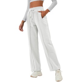 ELLEVEN Wide Leg Sweatpants Women Straight Leg Sweat Pant Baggy High Elastic Waisted Pants with Pockets Casual Loose Yoga Joggers White X-Large