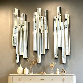 Modern 3 Pack 28x8 Staggered 3D Silver Mirror Wall Set Mirror Decor