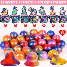 LEASEN 28 Pack Valentines Day Gifts for Kids, Galaxy Slime with Greeting Card Box Stress Relief Fidget Toy for Kids, Valentine's Day Party Favor Supplies, Classroom Exchange Prizes Party Gifts