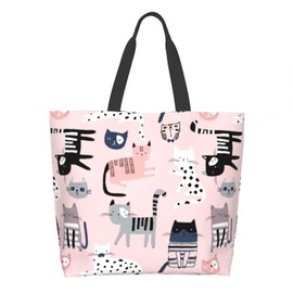 Cafl Cute Cats Tote Bag Cartoon Cat Shoulder Bag Large Reusable Eco-friendly Beach Bags Portable Storage Handbag Convenient for Women Gym Travel Shopping