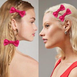 Velscrun Hair Bows for Women Girls 7Pcs Rose Pink Silky Hair Bow Large Coquette Bow Big Satin Bows Clip Oversized Hair Ribbons Ponytail Holder Long Tail Bow Bowknot Hair Barrettes Hair Accessories