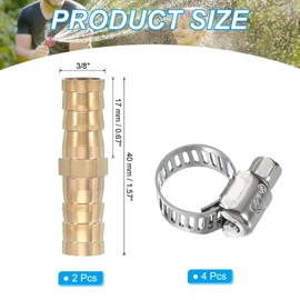 PATIKIL 3/8" Brass Hose Barb Fitting,2 Set Barb Union Fittings Metals Splicer Mender Connector Barbed Adapter Air Hose Repair Kit with Hose Clamp for Water Oil Fuel Gas