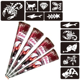 Naturic 4 x Henna Tattoo, Temporary Tattoo + 11 x Henna Tattoo Stencil, Temporary Mehndi Tattoos, Natural Cones, Tattoo Stickers, Temporary Tattoo - Reddish Brown