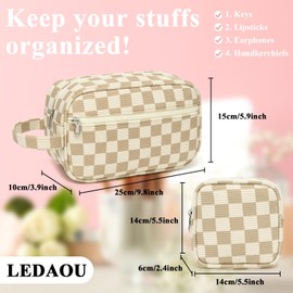 LEDAOU 2Pcs Travel Makeup Bag Cosmetic Bag Small Corduroy Makeup Pouch with Zipper Cute Travel Toiletry Essentials for Women Teen Girls (Brown Checkerboard)