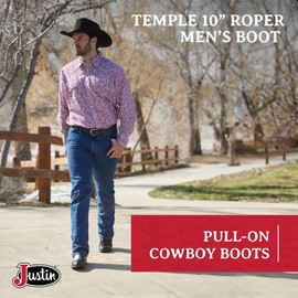 Justin Temple 10" Roper Cowboy Boots for Men - Durable Pull-On Round Toe Cowhide Boots with Covered Cushion Insole and Triple-Density Insole Board, Clay Brown - 9.5 D