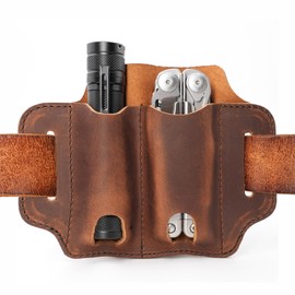 XXL EDC Leather Sheath for Leatherman Multitools, Belt Sheath Pocket Organizer for 5 inch Knives Tactical Flashlights Tools, Chestnut