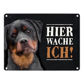 Metal Sign with Rottweiler Motif and Saying: Hier wache ich!