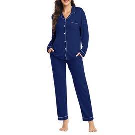 YOPUGEE Womens Modal Button Up Pajamas 2 Piece Long Sleeve Pjs Sleepwear Soft Pajama Lounge Set Loungewear Navy Blue L