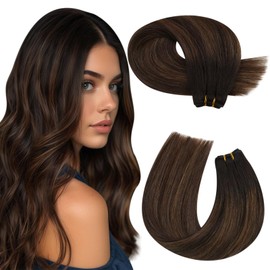Moresoo Sew in Hair Extensions Brown Ombre Human Hair Sew in Extensions Balayage Darkest Brwon with Chestnut Brown Double Weft Hair Extensions Human Hair 14Inch 100G