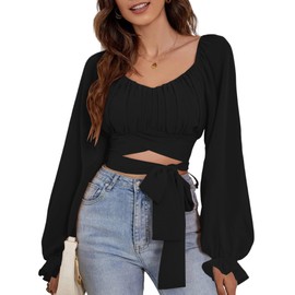 Rooscier Women's Ruched Wrap Square Neck Flounce Long Sleeve Self Tie Crop Top Blouse Solid Black Small
