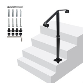 Handrail Railing, Single Post Handrail, Stair Railing for Concrete, Sturdy Handrails with Base, Wrought Iron Stair Handrail for 1 or 2 Steps, Grab Rail for Steps Porch, Railings for Outdoor Step