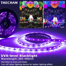 THECHAM 80ft Black Lights Strip with Remote, 1440 LEDs, 12V Flexible Blackights for Glow Party, Adjust Brightness, Delay Off, 3 Light Modes, Indoor Fluorescent Party, Stage Lighting