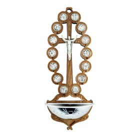 VILLAGE GIFT IMPORTERS Olive Wood Stations of The Cross Holy Water Font (Beaded-Style)