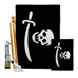 Early Bartholomew Roberts Garden House Flags Kit Coastal Pirate Ship Skull Treasure Map Carribean Jolly Blackbeard Jack Small Decorative Gift Yard Banner Made In USA 28 X 40