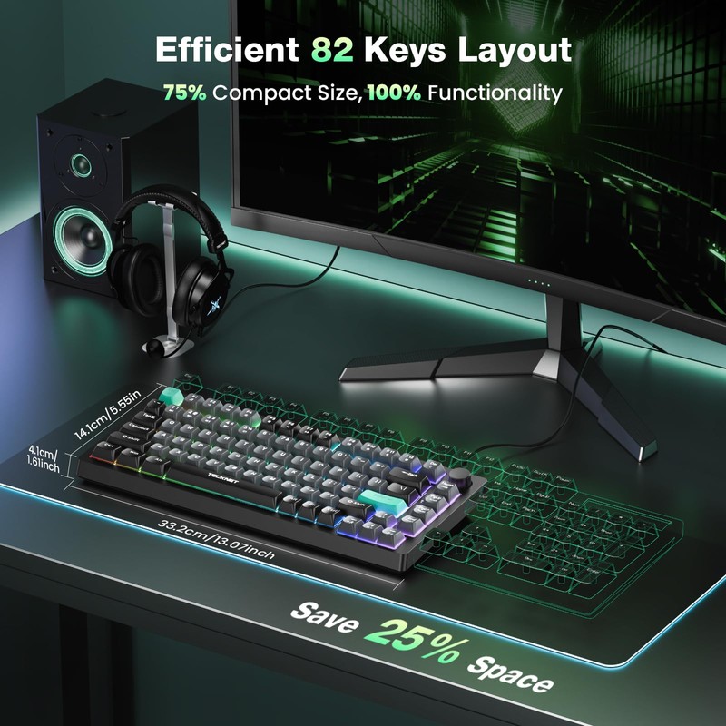 TECKNET Gaming Keyboard, 75% Wired Keyboard, RGB Backlit, 82-Keys with