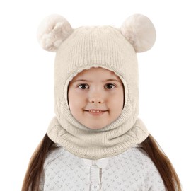 BNGXR Children's Winter Hat, Knitted Hooded Scarf, Warm Knitted Hat with Pompom, Slip-On Hat Baby, Hat and Neckerchief Baby Set, Cute Winter Hat, for Girls and Boys (White), NO