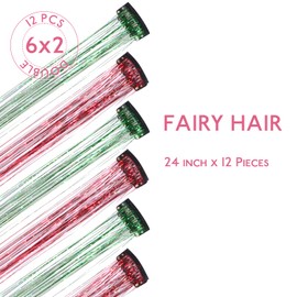WENNALIFE Hair Tinsel Clip In Hair Tinsel for Girls Chrismas Kit, 12pcs 24 inch Hair Tinsel Clips Tinsel Hair Extensions Clip in Colorful Glitter Tinsel Hair Clips Fairy Hair Accessories for Kids