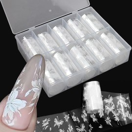 10 Rolls White Flowers Nail Foil Transfer Paper Lace Flower Transfer Foil Nail Stickers Butterfly Nail Stickers Nail Art Flowers Transfer Sticker Nail Sticker Nail Design Accessories