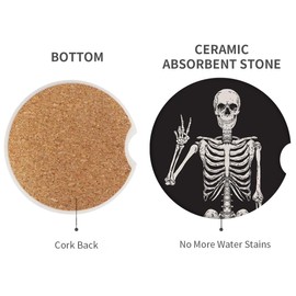 Britimes Absorbent Car Coasters 2 Pack for Cup Holders, 2.56" Ceramic Stone & Non-Scratch Cork Base Drink Coasters Human Skeleton1