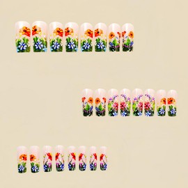 Spring Press on Nails Long Square Fake Nails with Flower designs Stick on Nails Green Acrylic Nails Glossy Full Cover Gel Glue on Nails for Women Girls DIY Manicure Decor 24pcs