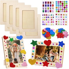 Wooden Picture Frame Set for Painting, 8 Pieces Photo Frame Craft Set Wooden Frame Wooden Picture Frame for Painting, Craft Frame Set for Children's Drawings with Rhinestones & Stickers for Birthdays