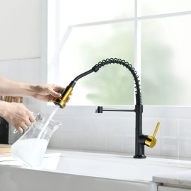 Modern Single Handle Kitchen Faucet Black And Gold Pull Down Sprayer Deck Mounted Brass Ceramic ValveColor: as Pic Color