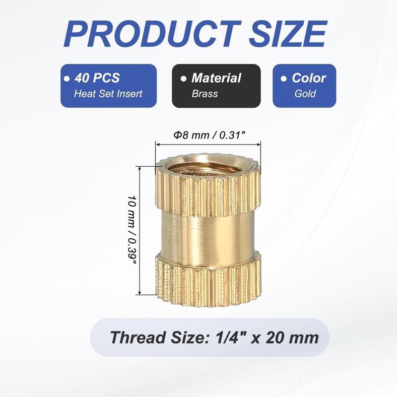 PATIKIL 20 Pcs Threaded Inserts Heat Set, 1/4"-20x10x8mm Female Brass