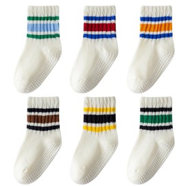 Wamvp Toddler Grip Socks with Non-Slip, Unisex Baby Retro Stripe Seamless Crew Ankle Cotton Socks for Girls Boys 6 Pairs,Colorful-1 1-3T