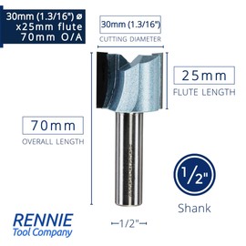 Rennie Tools - 30mm Cutting Diameter x 25mm Flute x 1/2" Shank TCT Tipped 2 Flute Straight Router Cutter Bit. Compatible With Makita Trend Festool Hikoki Dewalt Router Etc. 30mm Router Bit