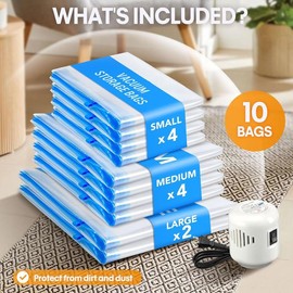 10 Pack Travel Vacuum Storage Bags With Electric Pump, Vacuum Seal Bags for Clothing, Vacuum Sealer Bags for Luggage, Travel Essentials Organiser sample bag - Colour: 10 Set,Clear