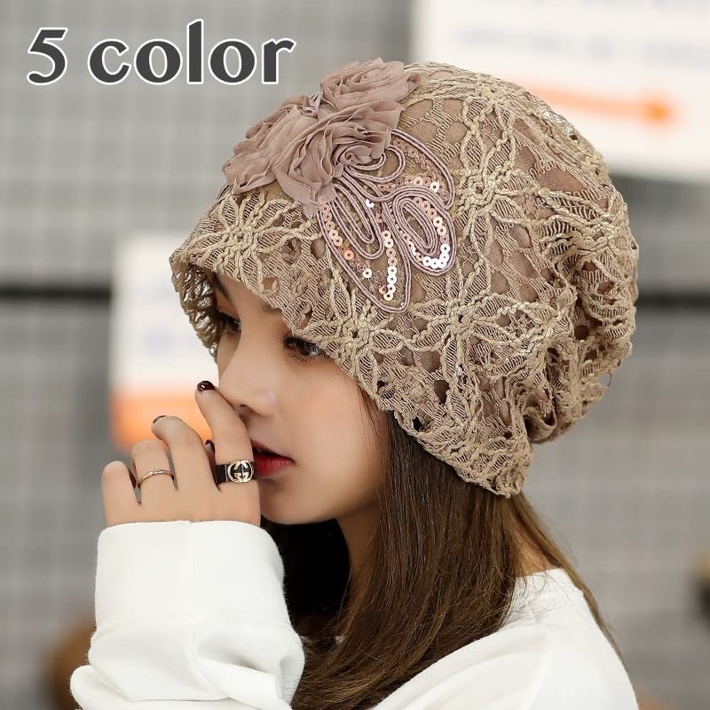 Plus Nao Women's Lace Cap, Summer Knit Hat, Embroidered, Floral