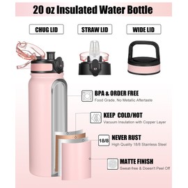 Botella de agua aislada, aspiradora de doble pared de acero inoxidable, 3 tapas (tapa de boquilla, tapa de pajita, tapa de boca ancha), perfecta para deportes, al aire libre/interior, mantiene el frío durante 24 horas caliente durante 12 horas (rosa)