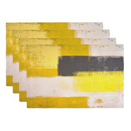 VIGGINER Grey and Yellow Placemats Set of 4 Abstract Grunge Style Brushstrokes Painting Linen Washable Placemat Kitchen Dining Heat-Resistant Place Mats Desktop Decor Table Mats for Home 12x18 Inch