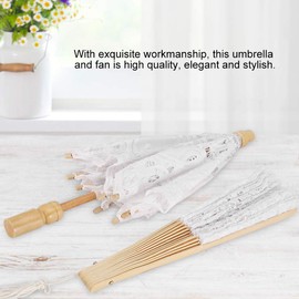 Lace Umbrella + Fan Parasol, White Lace Parasol Umbrella for Lady Women Kids Party Decor Dancing Photography Prop