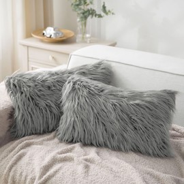 Phantoscope Pack of 2 Faux Fur Throw Pillow Covers Cushion Covers Luxury Soft Decorative Pillowcase Fuzzy Pillow Covers for Bed/Couch,Grey 12 x 20 Inches