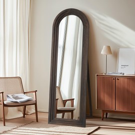 MELOMOIR Arched Full Length Mirror with Solid Wood Frame, 64"x21" Rustic Farmhouse Floor Mirror with Stand, Free Standing Leaning Hanging, for Bedroom Living Room Dressing Room Entryway, Brown