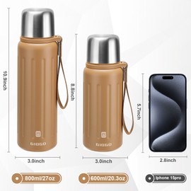 Vacuum Insulated Thermo Flasks with Cup 600ml/20.3oz Stainless Steel Thermo Bottles for Cold and Hot Drinks Water Coffee Flask with Cup (Orange,600ml)